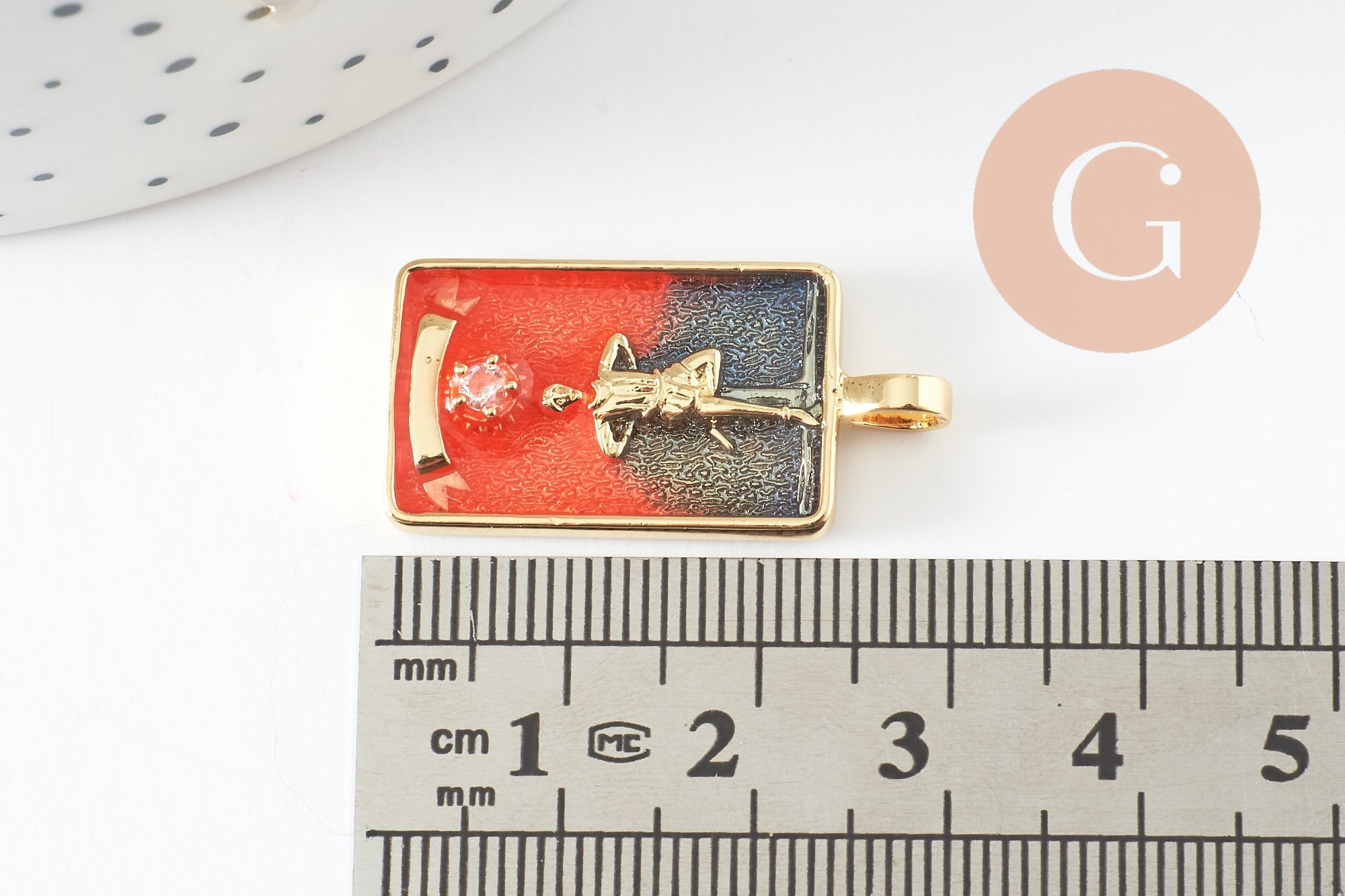Pendentif carte tarot Pendu en laiton zircon émaillé 30mm, x1 (G6252)
