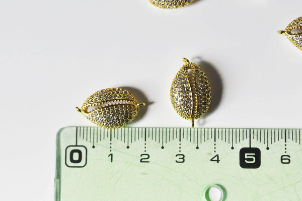 Pendentif cauri laiton doré 18K zircon blanc, sans nickel,pendentif coquillage doré,21mm, x1 (G4462)