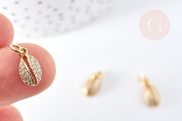 Pendentif cauri laiton doré 18K zircons blanc 12.5mm, x1 (G8522)