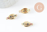 Pendentif cauri laiton doré zircons colorés 15mm, x1 (G4737)