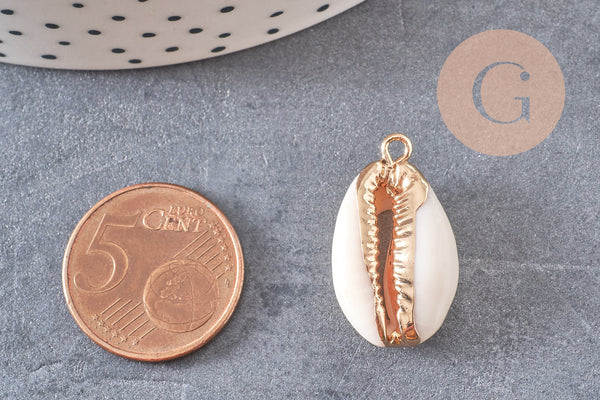 Pendentif cauri ouvert coquillage naturel doré, pendentif doré, création bijou coquillage cauri, coquillage naturel, x1,23-28mm-G2139