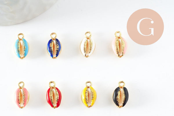 Pendentif cauri zamac doré émail coloré 15mm, x5 (G1229)