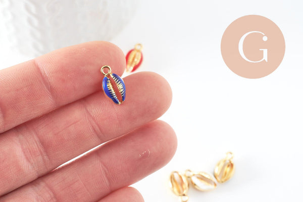 Pendentif cauri zamac doré émail coloré 15mm, x5 (G1229)