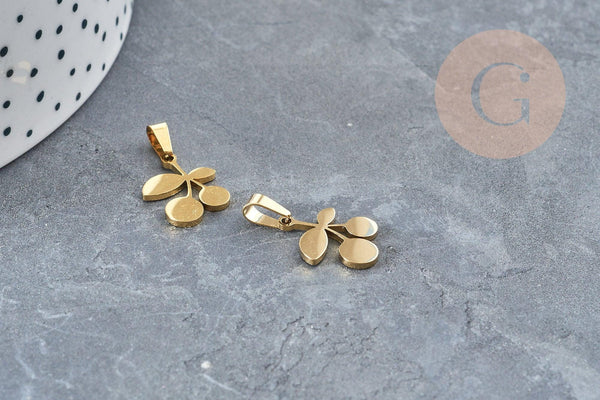 Pendentif cerise acier 304 inoxydable doré 15.5mm, x1 (G3634)