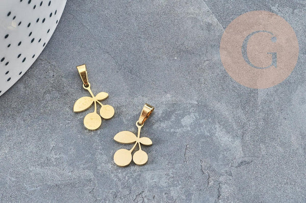 Pendentif cerise acier 304 inoxydable doré 15.5mm, x1 (G3634)