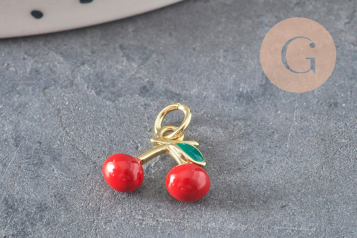 Pendentif cerise doré émaillé rouge laiton doré 18K 11mm,x1 (G8582)