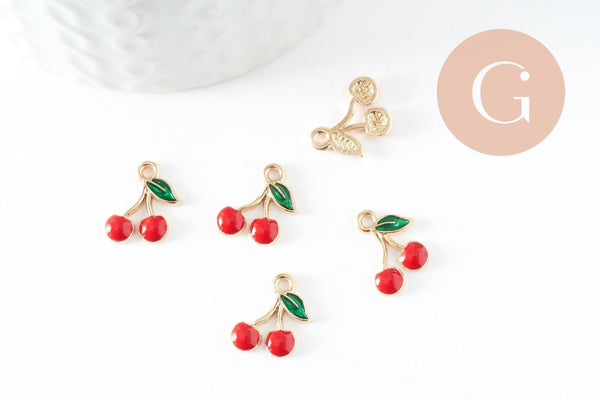 Pendentif cerise doré émaillé rouge zamac doré 13mm x5 (G3307)
