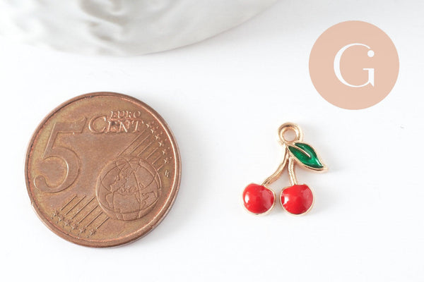 Pendentif cerise doré émaillé rouge zamac doré 13mm x5 (G3307)