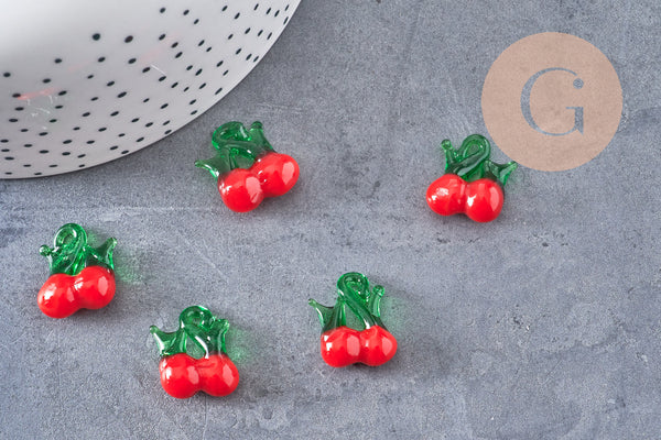 Pendentif cerise fruit rouge verre artisanal 15-19mm, x5 (G1967)