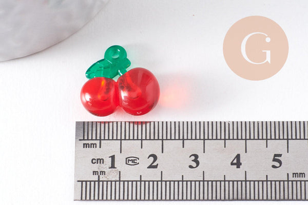 Pendentif cerise résine rouge et verte 19mm, x2 (G10340)