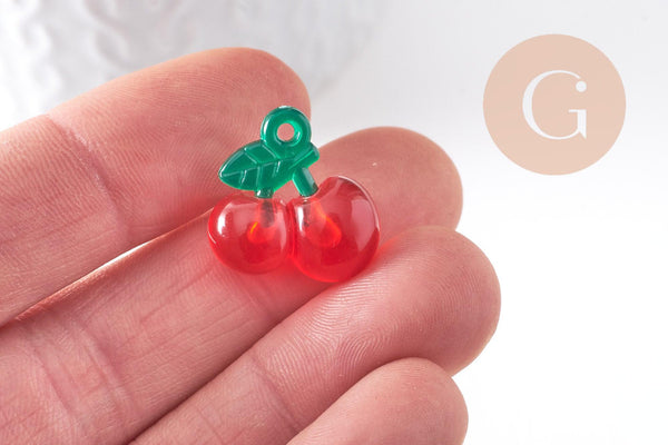 Pendentif cerise résine rouge et verte 19mm, x2 (G10340)