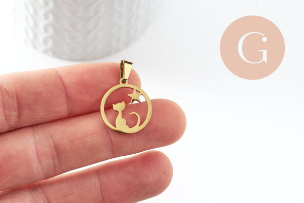 Pendentif chat étoile acier 304 doré inoxydable 19mm, x1 G9859