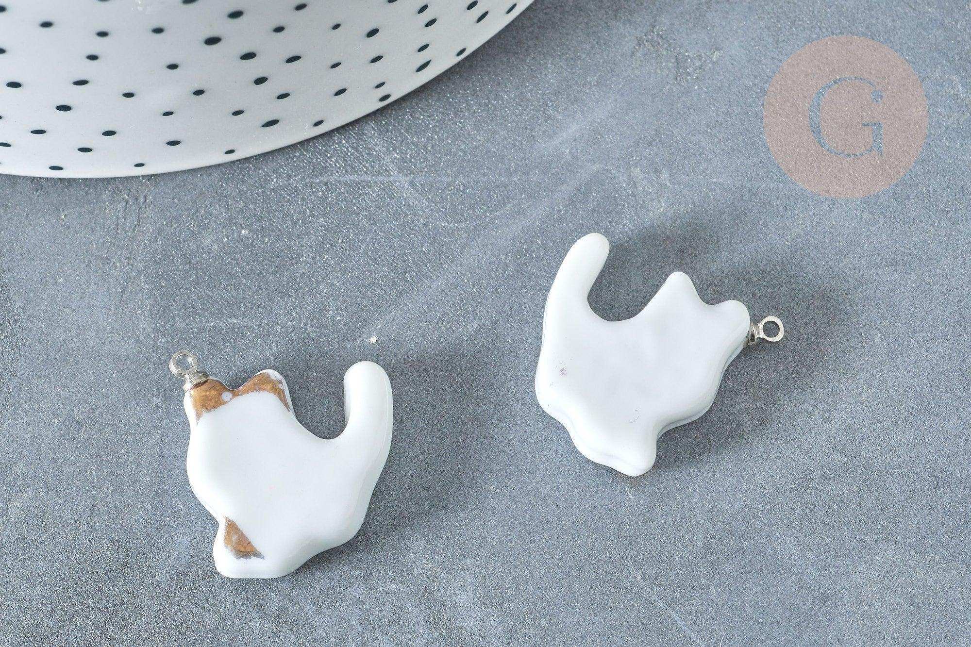 Pendentif chat porcelaine blanc doré laiton platine 24mm, pendentif pour fabrication bijoux, x1 (G8062)
