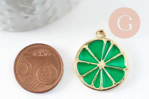 Pendentif citron agrume en zamac doré vert 26.5mm, x2 (G5303)