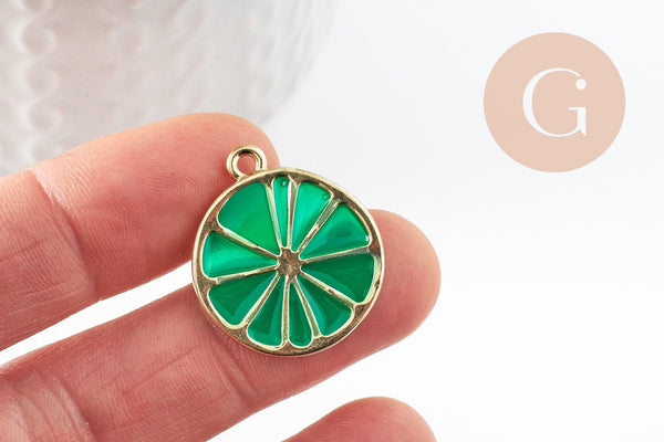 Pendentif citron agrume en zamac doré vert 26.5mm, x2 (G5303)