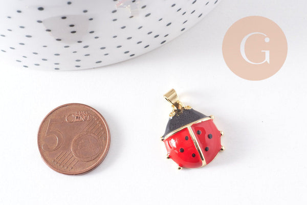 Pendentif coccinelle laiton doré émaillé rouge 20.5mm, x1 (G10306)