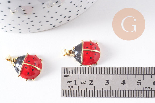 Pendentif coccinelle laiton doré émaillé rouge 20.5mm, x1 (G10306)