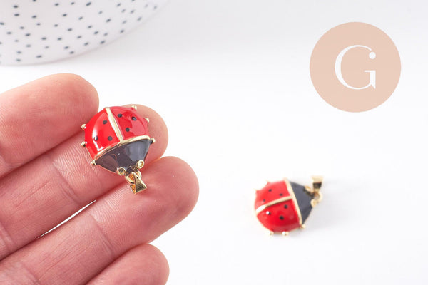 Pendentif coccinelle laiton doré émaillé rouge 20.5mm, x1 (G10306)