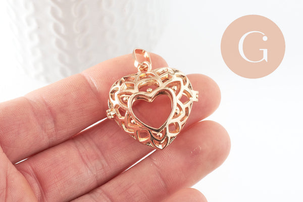 Pendentif coeur Bola harmony carillon laiton doré, bijoux de création grossesse, Vendu sans carillon, 35mm, x1 (G5974)