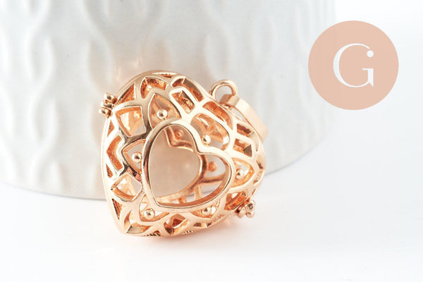 Pendentif coeur Bola harmony carillon laiton doré, bijoux de création grossesse, Vendu sans carillon, 35mm, x1 (G5974)