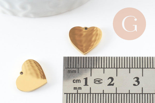 Pendentif coeur acier 201 inoxydable doré 13mm finition Miroir, x1 (G10182)