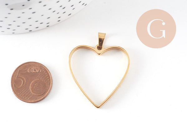 Pendentif coeur acier 304 inoxydable doré sans fond 33mm, x1 (G10793)