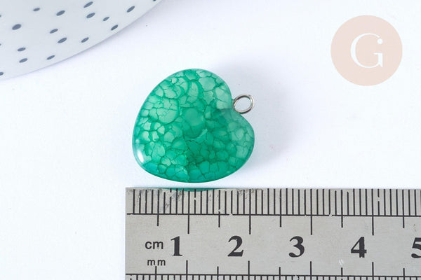 Pendentif cœur agate brésilienne vert foncé fer argenté 22mm, création bijoux pierre naturelle, x1 G7927