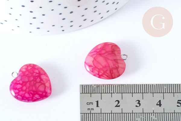 Pendentif cœur agate craquelée brésilienne violet-rose fer argenté 22mm, x1 G7926