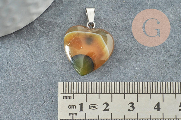 Pendentif coeur agate jaune acier argenté, pendentif pierre agate naturelle jaune,création bijoux en pierre naturelle, 23mm, x1 G3989