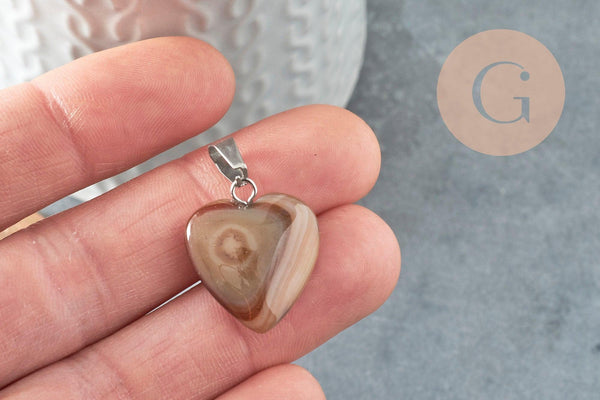 Pendentif coeur agate jaune acier argenté, pendentif pierre agate naturelle jaune,création bijoux en pierre naturelle, 23mm, x1 G3989