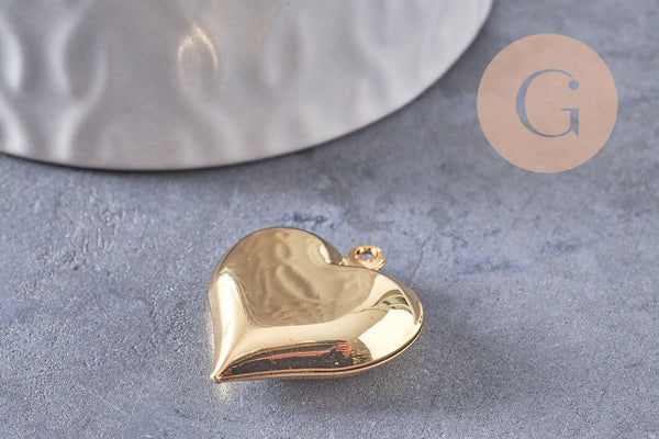 Pendentif cœur bombé laiton doré 24mm, x2 (G10307)