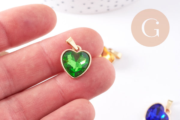 Pendentif coeur cristal coloré acier 304 inoxydable doré 16.5mm, x1 (G10704)