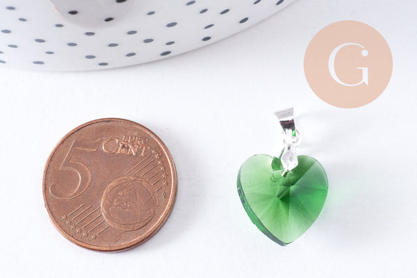 Pendentif coeur cristal coloré facetté fer argenté 19.5mm, x1 (G10656)