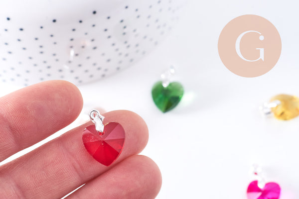 Pendentif coeur cristal coloré facetté fer argenté 19.5mm, x1 (G10656)