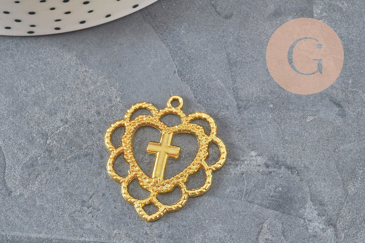 Pendentif coeur croix dentelé zamac doré 31mm, x1 (G11356)-Breloques et pendentifs-Gingerlily Perles
