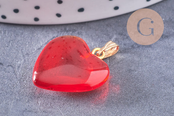 Pendentif coeur doré carats verre rouge transparent fer doré 22mm, x1 (G6207)