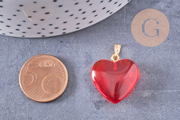 Pendentif coeur doré carats verre rouge transparent fer doré 22mm, x1 (G6207)