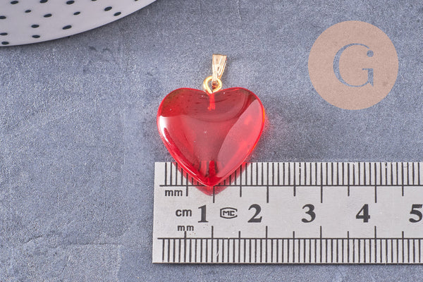 Pendentif coeur doré carats verre rouge transparent fer doré 22mm, x1 (G6207)