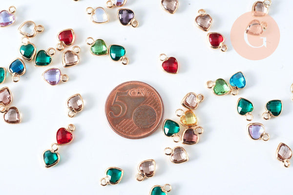 Pendentif coeur doré cristal coloré 9mm , x1 (G6357)