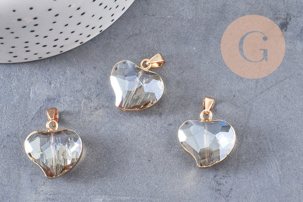 Pendentif coeur doré cristal transparent facettes,pendentif cristal, pendentif doré,création bijoux,20mm, x 2, G5044