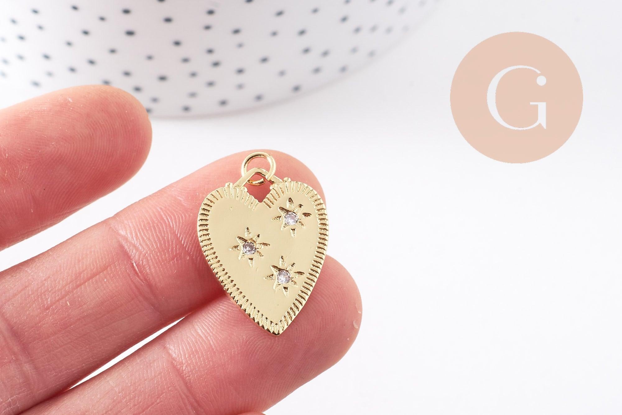 Pendentif coeur émail laiton doré 18K et zircon 24mm, x1 (G10158)