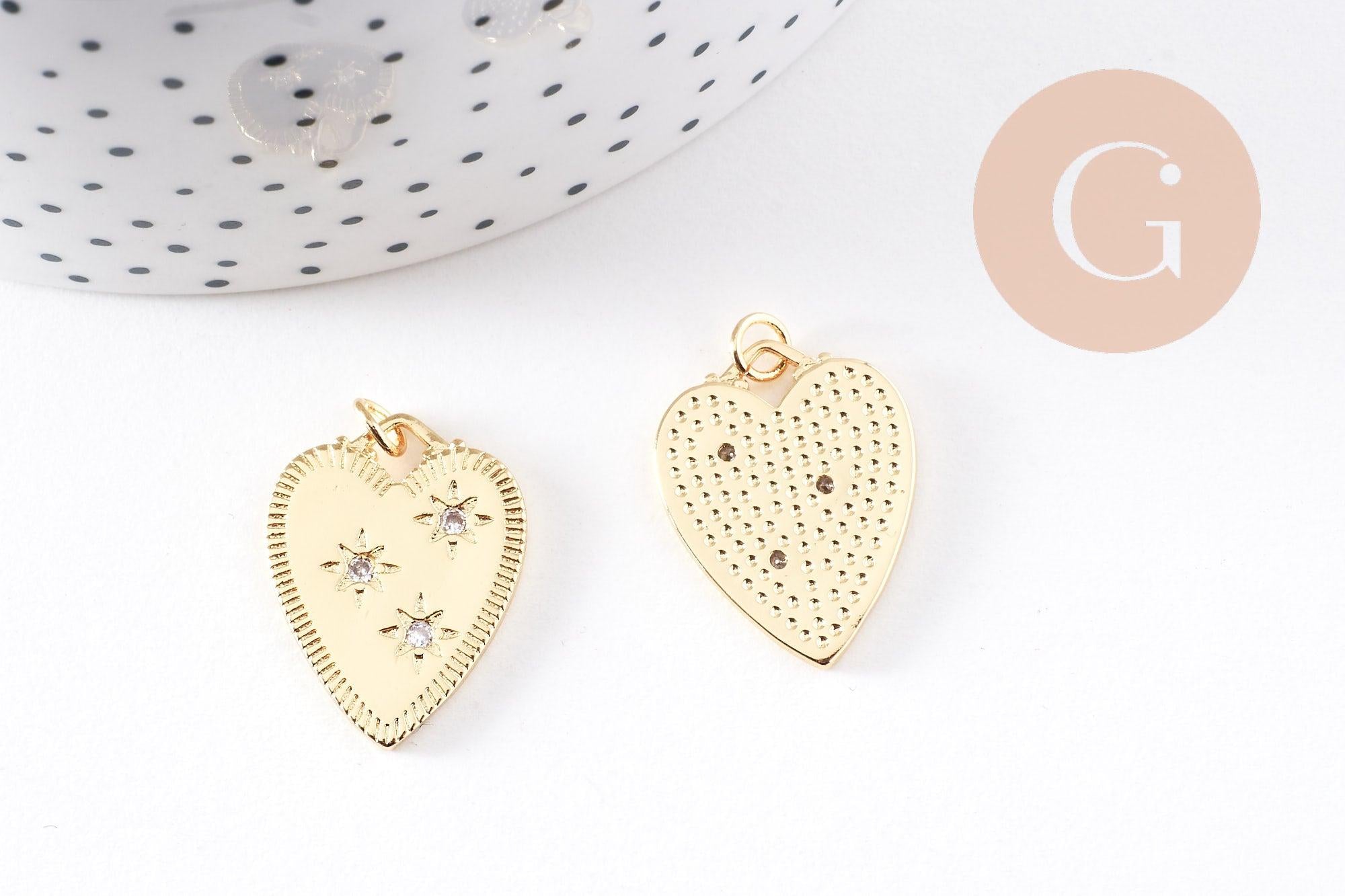 Pendentif coeur émail laiton doré 18K et zircon 24mm, x1 (G10158)