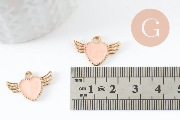 Pendentif coeur email rose doré , fournitures créatives, pendentif coeur aile,creation bijoux,coeur doré, pendentif doré,21mm,x 5 (G0104)