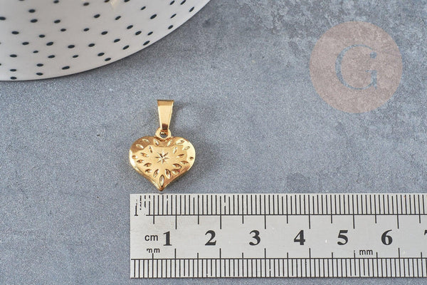 Pendentif coeur gravé 15mm en acier doré, breloque doré, acier inoxydable doré, pendentif sans nickel, x1 (G6031)