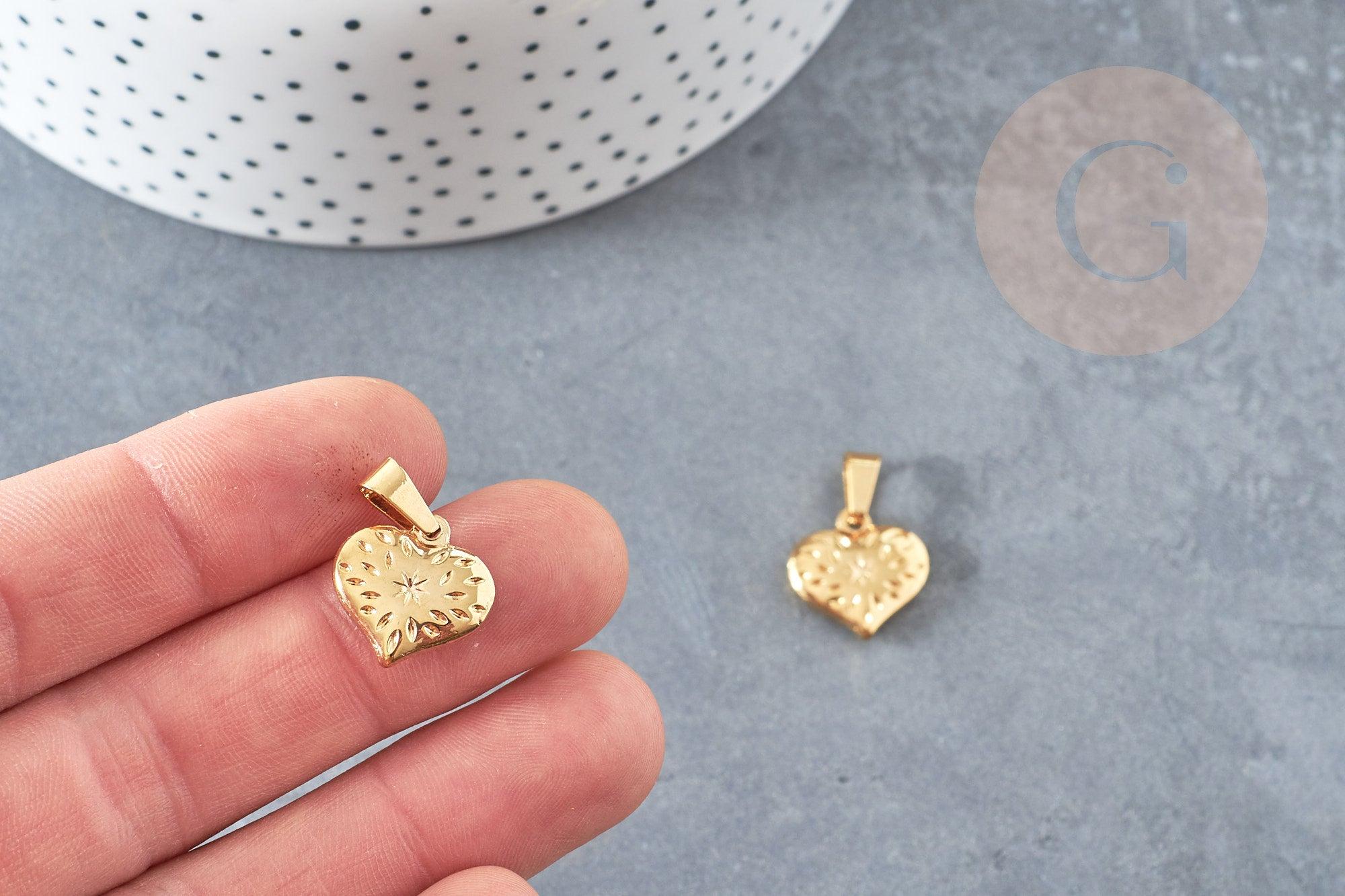 Pendentif coeur gravé acier 304 inoxydable doré 15mm, x1 (G6031)