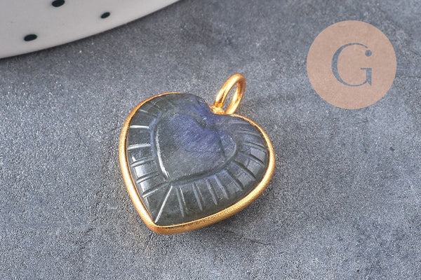 Pendentif coeur gravé pierre naturelle rose naturel argent 925 doré 18K 14mm, x1 (G10843)