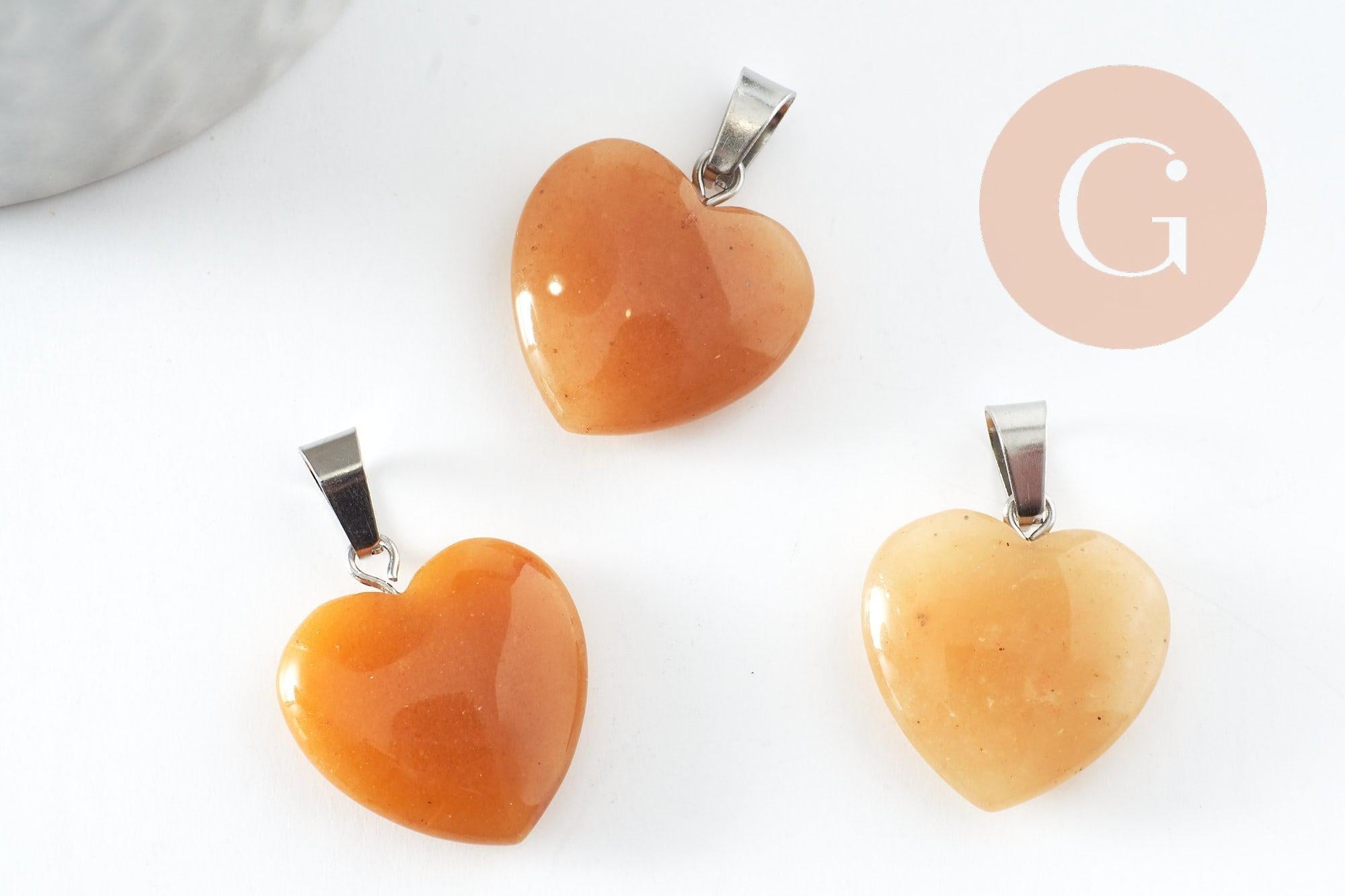 Pendentif coeur jade topaze jaune acier inoxydable platine 22mm