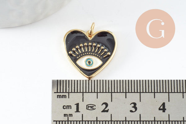 Pendentif coeur laiton doré 18K émail noir, création bijou mauvais oeil protecteur,18x19mm, x1 (G5017)