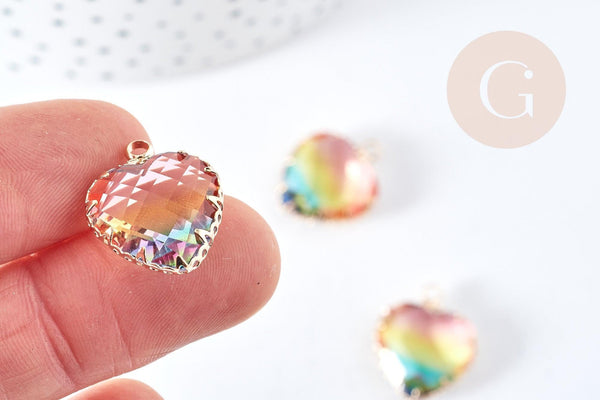 Pendentif coeur laiton doré cristal multicolore facettes 20mm,pendentif cristal, pendentif doré,création bijoux, x1 (G8487)