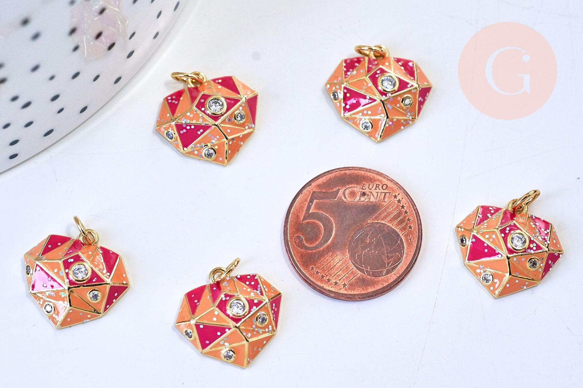 Pendentif coeur laiton doré émail rouge orange zircon, un pendentif à facette laiton coeur,sans nickel,16mm, x1 G5642